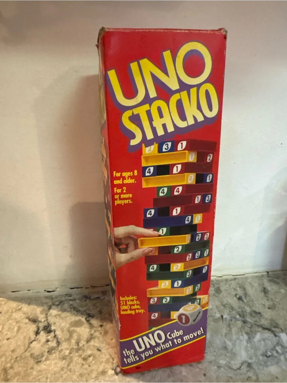 Mattel UNO Stacko Red Game Box with Yellow and Blue Elements